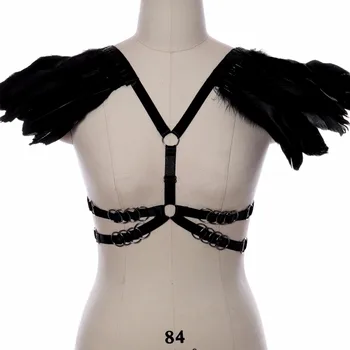 

Black Feather Wings Epaulettes Bondage Shoulder Burning Man Festival Body Harness Dance Rave Lingerie Women Feather Harness Goth