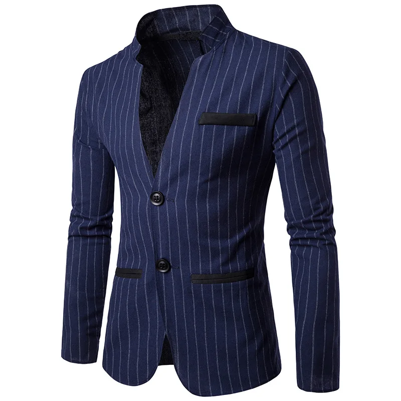 Полосатый Для мужчин Slim Fit Blazer в Корейском стиле Модные Мужской костюм Повседневная куртка качество цвет: черный, синий Для мужчин S Блейзер