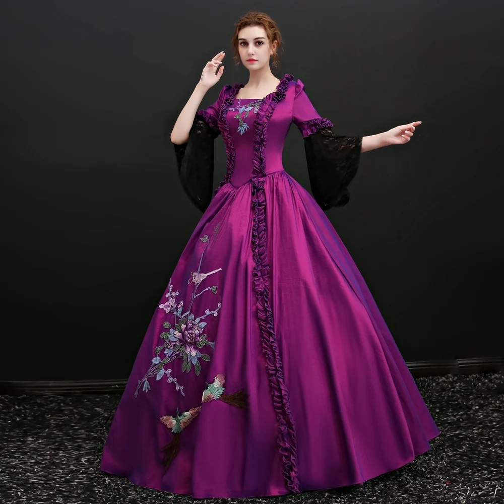 Ярко-фиолетовый черный кружевной вышивка Венецианский карнавал Королева бальное платье Принцесса средневековое платье Ренессанс платье