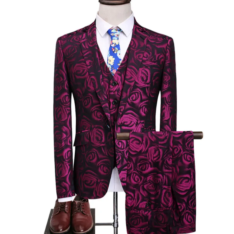 

(jacket + waistcoat + trousers) men business casual fashion printed tuxedo wedding dress suit coat stage performance suit s-5 xl