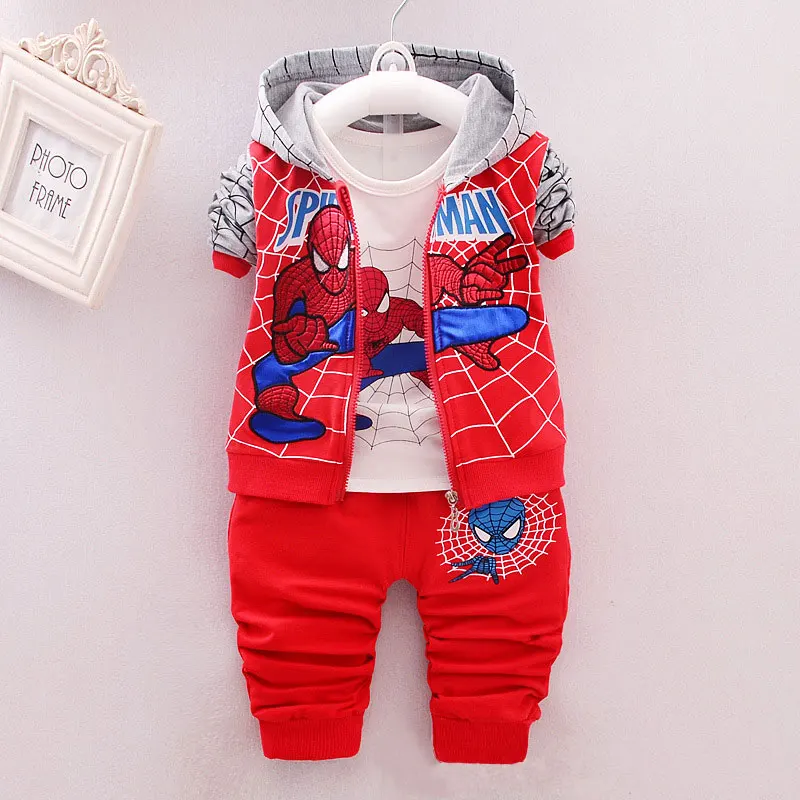 Весенне-осенний костюм для мальчиков человек паук, комплекты одежды детский модный спортивный костюм Детская куртка с капюшоном+ футболка+ штаны, одежда