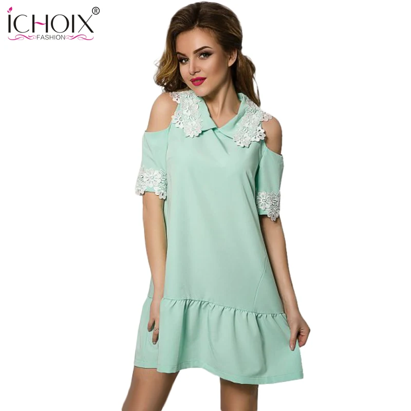 ICHOIX 2017 New Summer A-line Dress Off Shoulder Fashion Robe women Casual Elegant Lace dress Loose Cltohing Sky Pink Cute | Женская