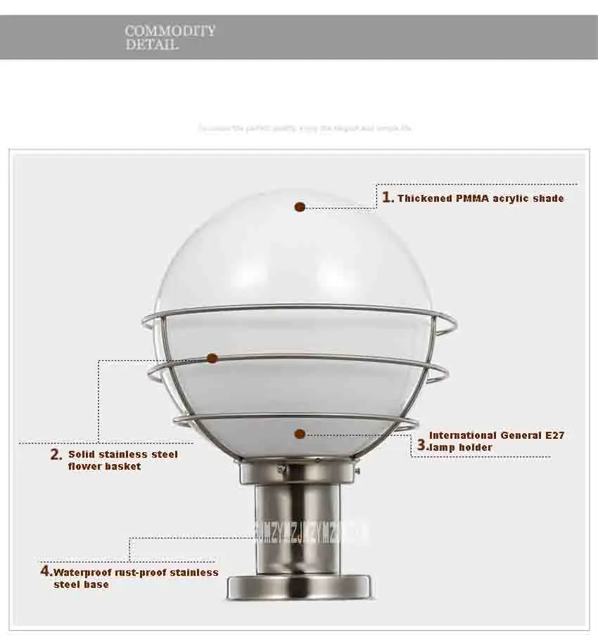 DL-0101 открытый Водонепроницаемый столб лампы классический круглый шар лампа Ворота Огни Нержавеющая сталь Стигма лампа Диаметр 250 мм Лидер