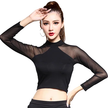

New fashion Black Persepctive Gauze Long sleeve sexy top for women/female vogue Ballroom Modern Costume performance wear MD6213