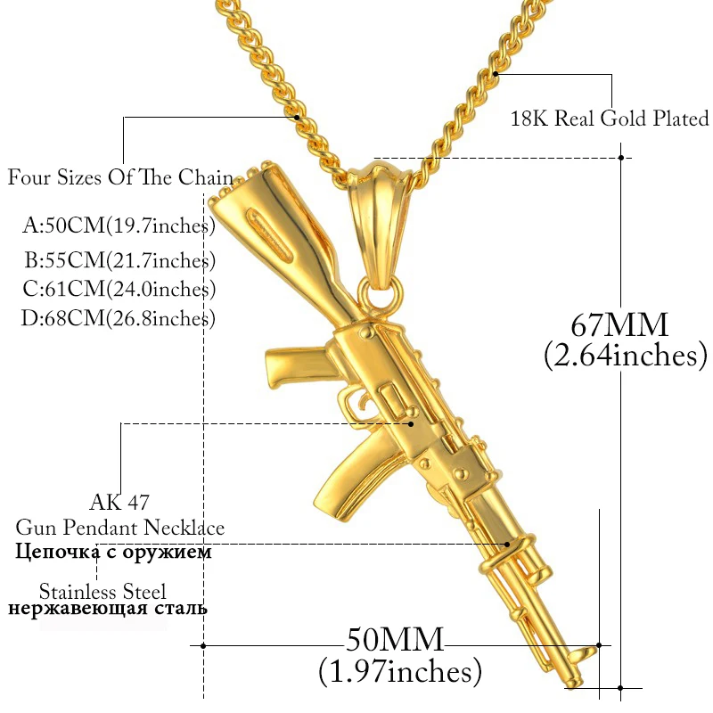 Хип-хоп панк пистолет ожерелье кулон мужской 4 размера цепочка хип-хоп ювелирные изделия для мужчин нержавеющая сталь/черный/золотой цвет bijoux AK47 ожерелье