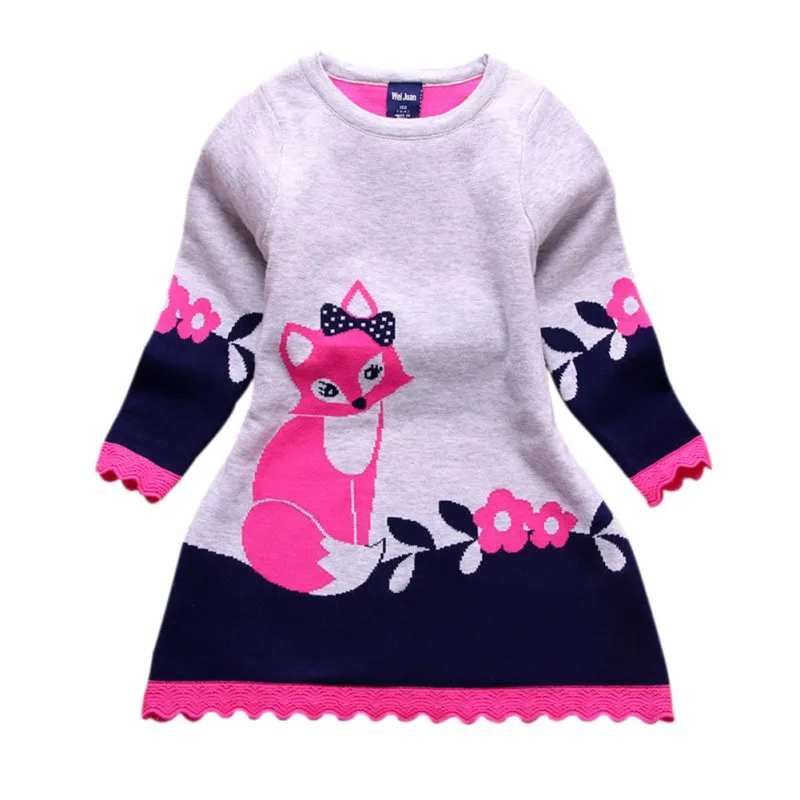 

2017 Autumn Winter New Style Double-layer Long-sleeve Kids Children Fox Clothing Thick Girl Fox Sweater Dress 2-8 Years