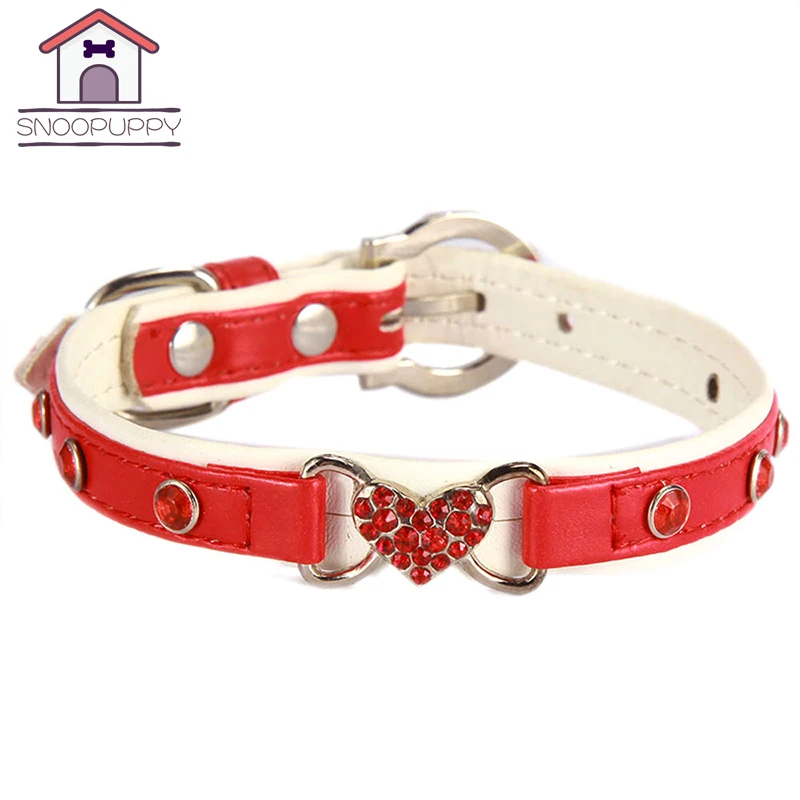 Dog Pet Collars With Diamond Heart PU Leather Collar Adjustable Dog