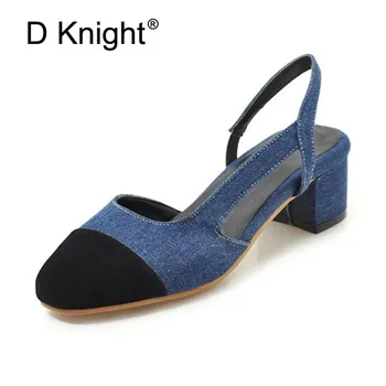 

Women Shoes Slingback Summer Sandals For Female Denim Casual Footwear Round Toe Elegant Low Heels Party Wedding Shoe Big Size 45