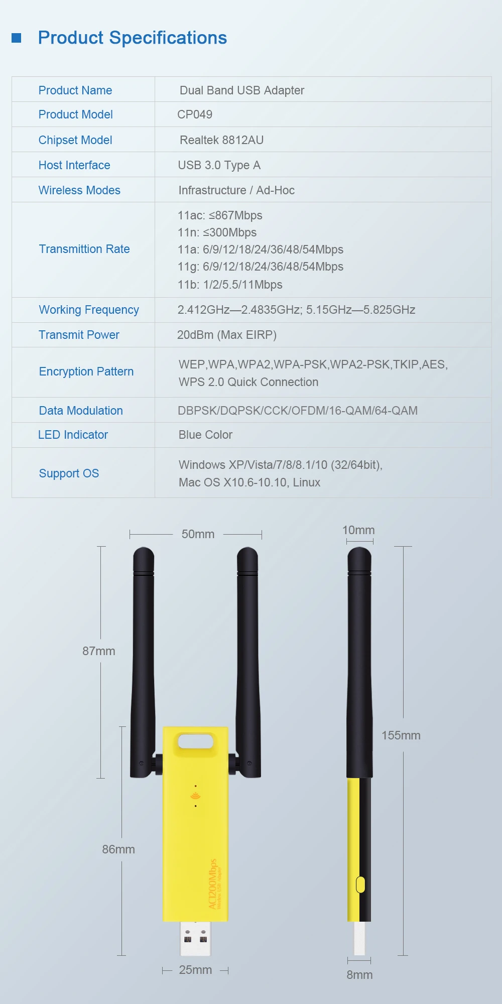 CHIPAL 802.11AC 1200 Мбит/с USB 3,0 беспроводной адаптер Wi-Fi сетевая карта внешняя 4dbi Антенна ПК LAN Wi-Fi приемник ключ мягкий AP