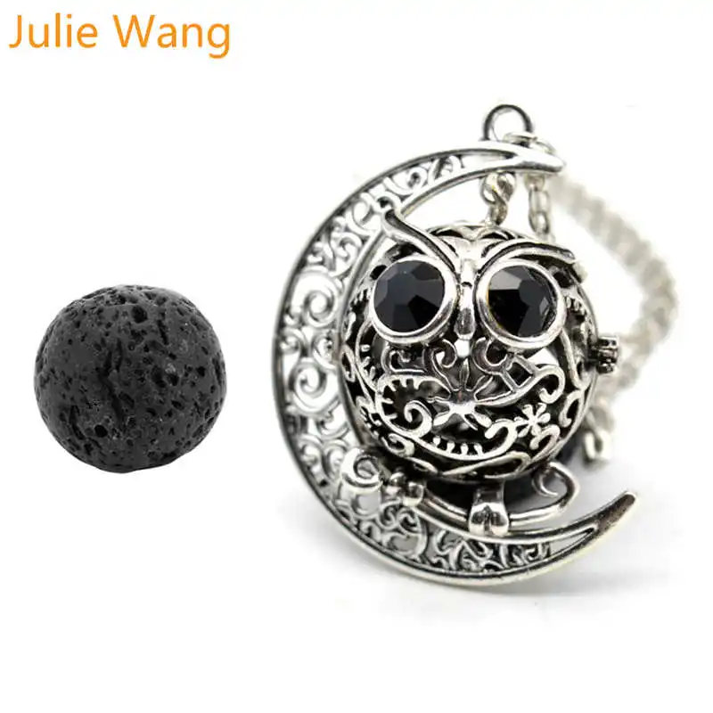 

Julie Wang 1PCS Alloy Antique Silver Owl Moon Necklace With Lava Stone Pendant Essential Oil Diffuser Locket Women Girl Jewelry