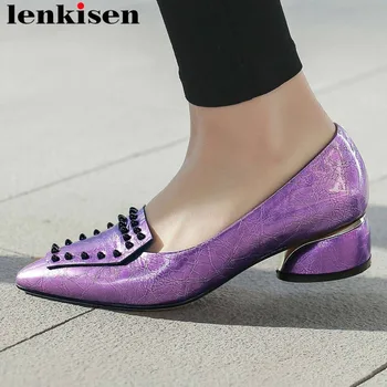 

Lenkisen high quality med heels slip on rivets decoration pointed toe office lady large size high fashion dress suit shoes L22