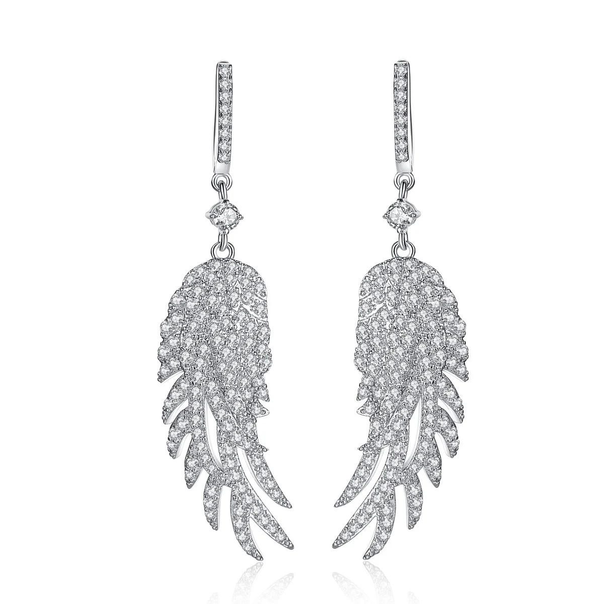 2019 Elegant Evening Dinner Party Jewelry Full Cubic Zirconia Silver Long Feather Dangle Earrings For Women Wedding | Украшения и
