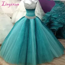 Пышные Дешевые Quinceanera платья для женщин спагетти бретели нижнего белья тюль бисером вечерние кристаллы партии сладкий 16 индивидуальный заказ