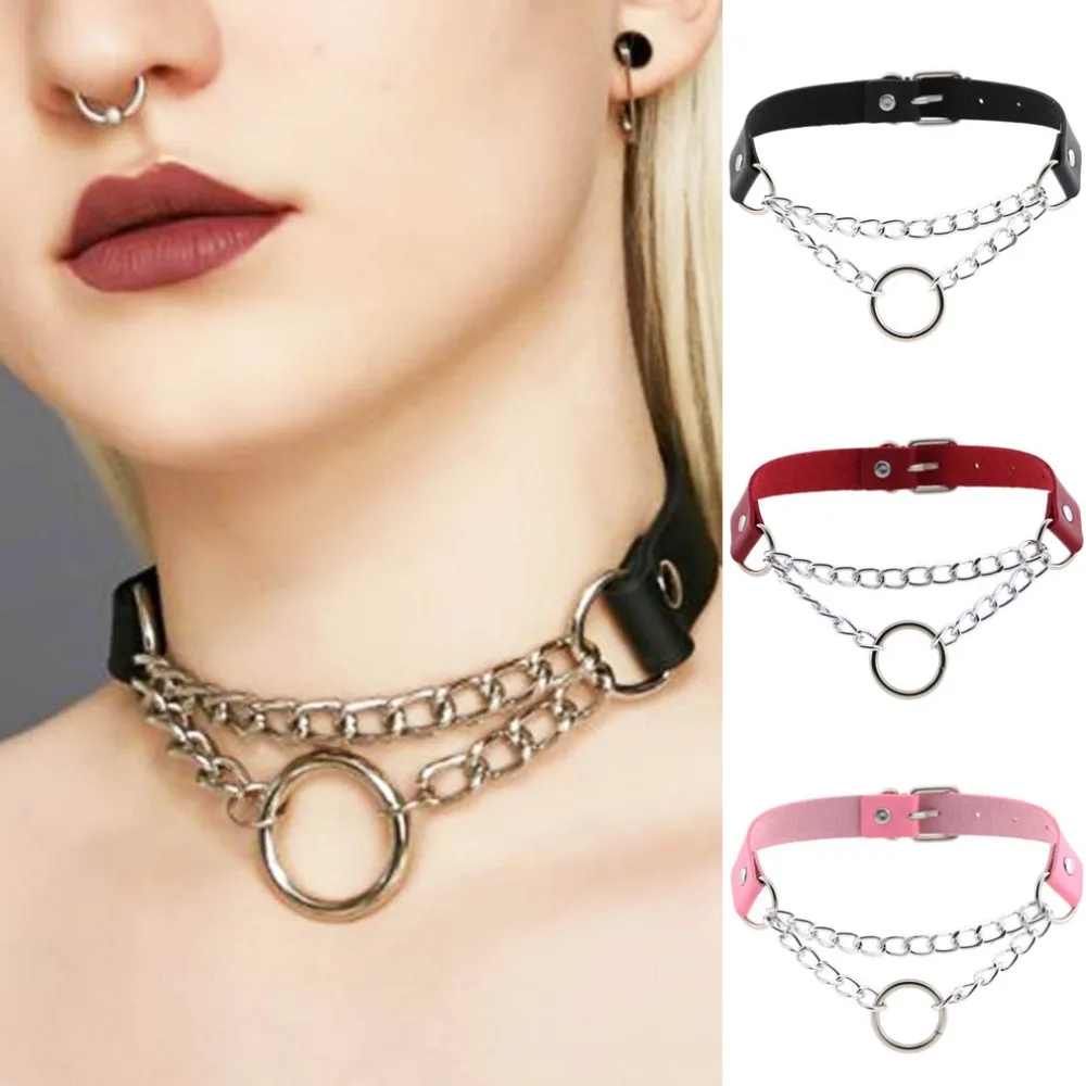 

Women Men punk Exaggerated Handmade Chain Choker Necklace Fetish O Round Metal Leather Collar Bondage Harness Necklace