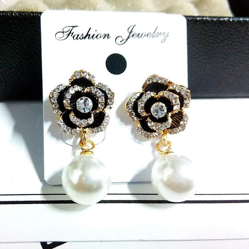 

brand golden crystal black flwoer pearl earring for women trendy drop earrings pearl
