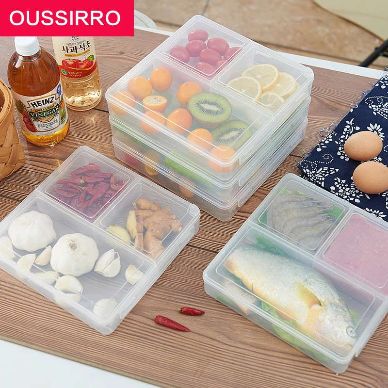 

1pcs 1.5L Separate crisper sealed refrigerator boxes, cereal boxes 3 grid storage box