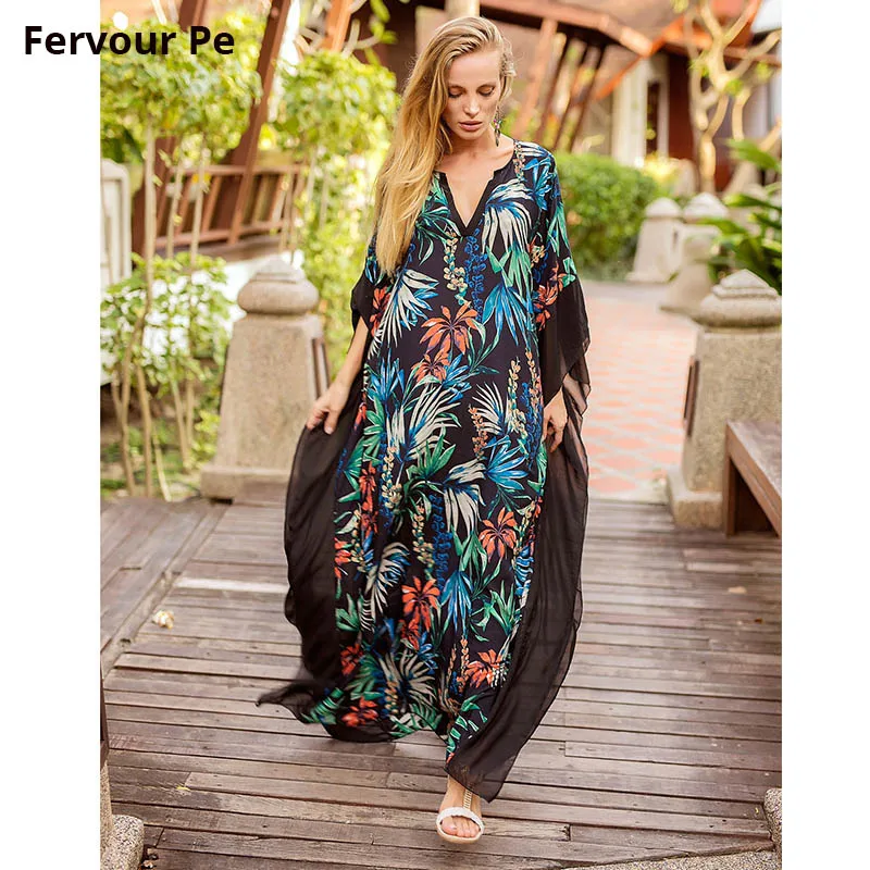 

2019 summer Women Dresses European And American Printed V-neck Batwing Sleeve holiday style Dress Oversized P19215