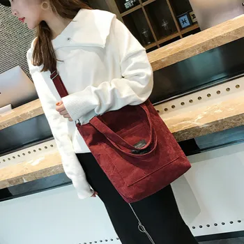 

DWTS High Capacity Women Corduroy Tote Ladies Casual Solid Color Shoulder Bag Foldable Reusable Women Shopping Beach Bag