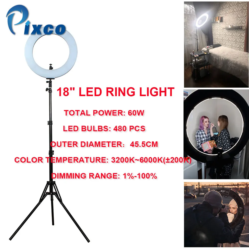 Pixco 18 &quotсветодиодная кольцевая лампа с регулируемой яркостью 3200 K 6000 для макияжа
