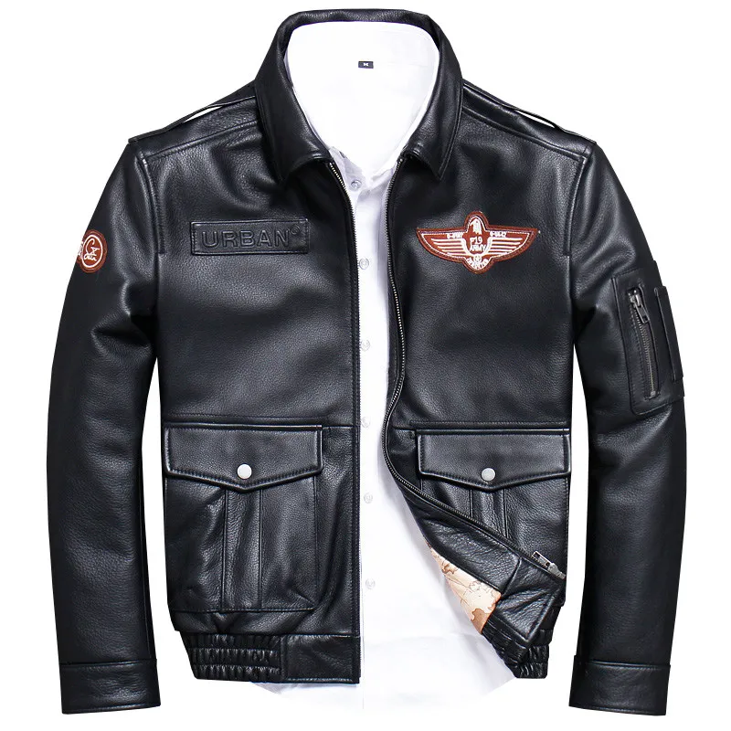 

HARLEY DAMSON Black Men USAF Pilot Leather Jacket Wool Collar Plus Size XXXXXL Genuine Cowhide Military Aviator Leather Coat