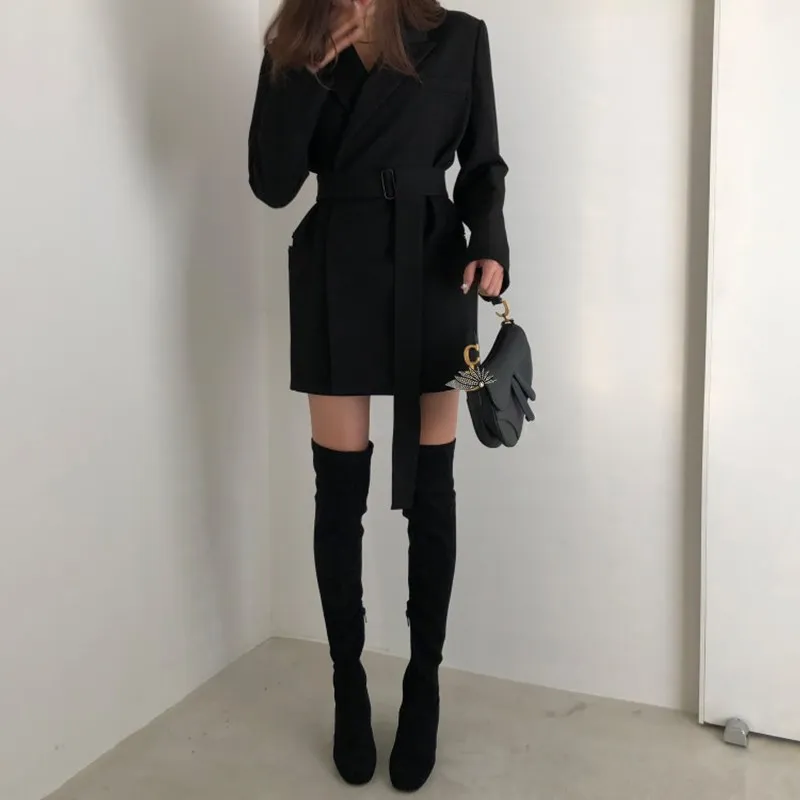 Women Spring Sashes Office Blazer Jacket None Button Work Office Lady Suit Casual Slim Turn Down Collar Blazer Coat Outwear