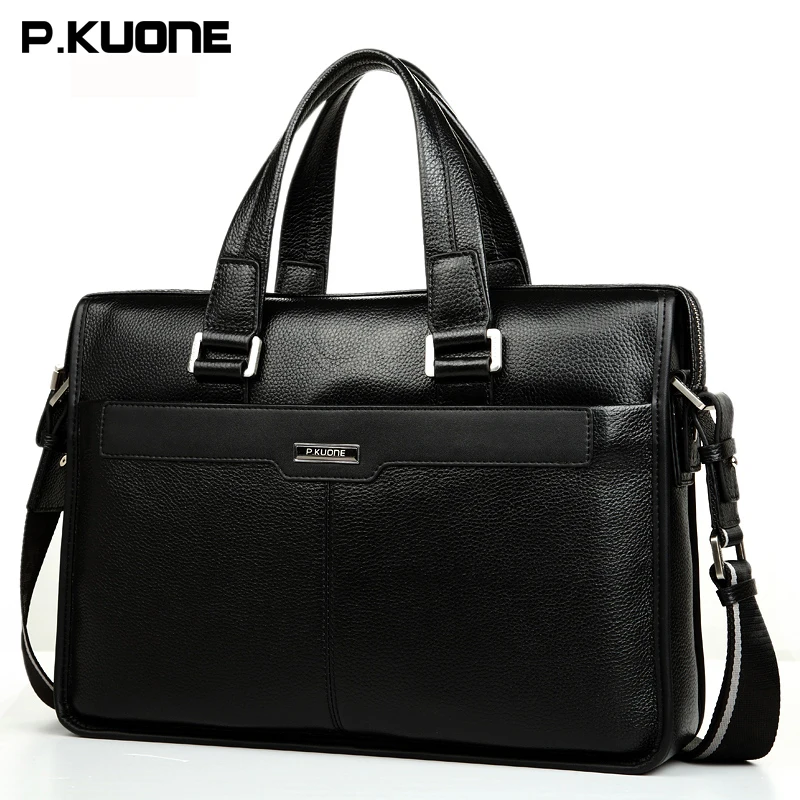 P.KUONE Brand Cow Leather Handbag Crossbody Laptop Bag Brown Black Men Genuine Leather Briefcase Men's Shoulder Messenger Bags