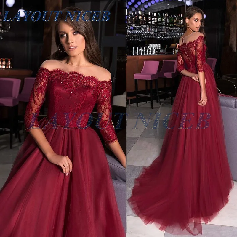 2019 Vintage Burgundy Evening Dresses Long Off the Shoulder Half Sleeve Boat Neck Sexy Lace Tulle Elegant Party Gown 2019 Vintage Burgundy Evening Dresses Long Off the Shoulder Half Sleeve Boat Neck Sexy Lace Tulle Elegant Party Gown