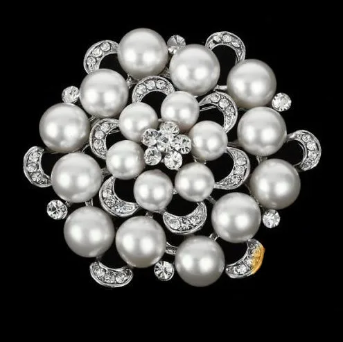 Посеребренные белые жемчуг и горный хрусталь Букет из страз булавка брошь - Окраска металла: Silver White