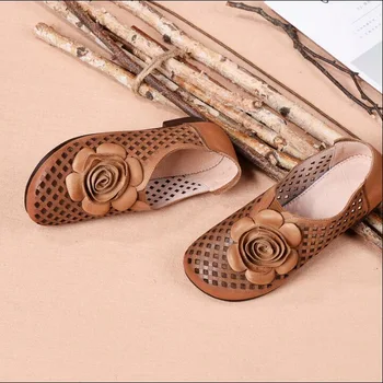

Women Flat Shoes Genuine Leather Woman Ballet Round Toe Flats 2019 Summer Lady Hollow Out Loafers Women Shoes Sandals
