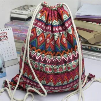 

YILE Cotton Linen Drawstring Travel Backpack Student Book Bag Zigzag Line Diamond 824-5