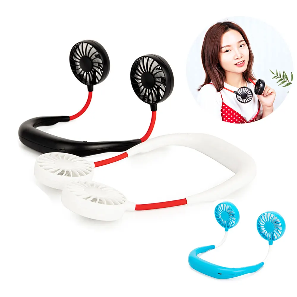 

Summer Fan Portable USB Rechargeable Double Hanging Neck Mini Fan Summer Travel Essential Tools Black Blue White