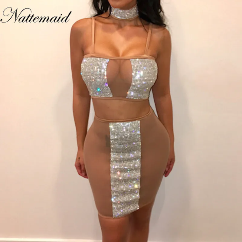 

NATTEMAID Crystal mesh patchwork Dress Women Spaghetti Strap Slash Neck Backless Bodycon sequin Mini Dresses Club Party Vestidos