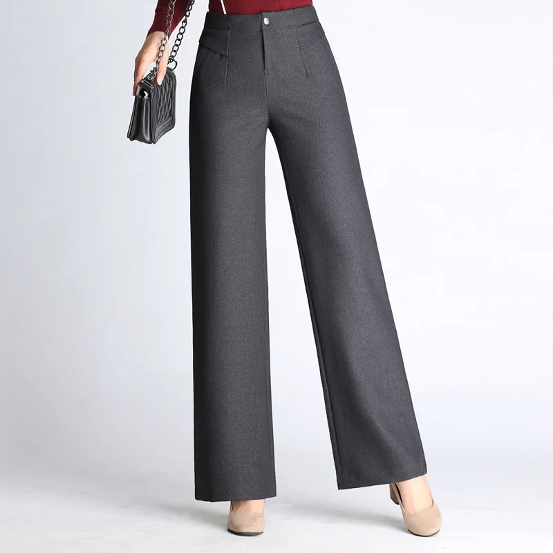 

Women Thicken Warm Straight Pants For Autumn And Winter High Waist Wide Tube Fat Legs Pants Female Big Size Flat Trousers