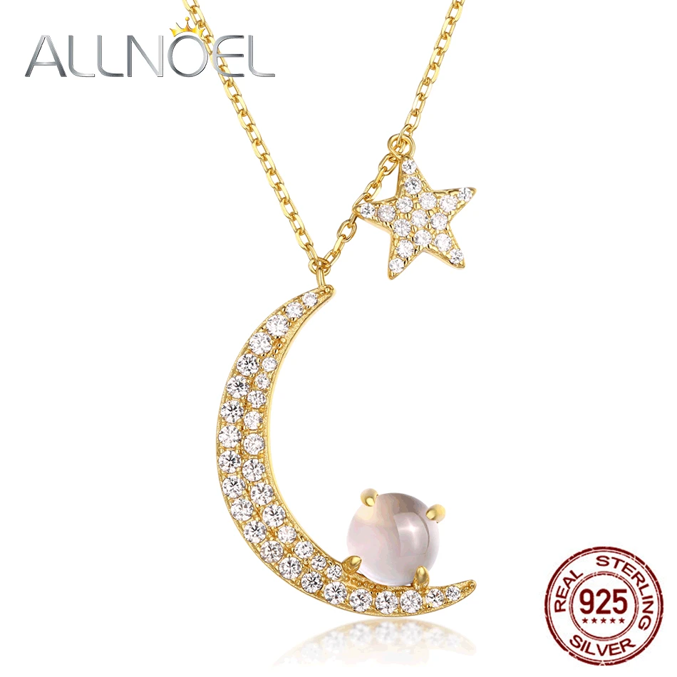 

ALLNOEL 2019 Solid 925 Sterling Silver Necklaces For Women Natural Sky Blue Topaz Rose Quartz Romantic Moon Stars Jewelries New