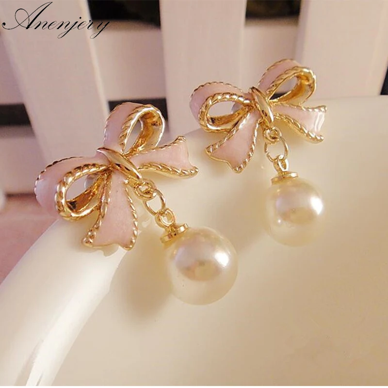 

Anenjery High Quality Delicate Gold Color Pink Drops Of Oil Butterfly Bow Knot Pearl Stud Earrings For Women brincos E22