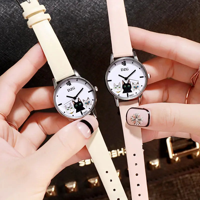 Простой рисунок кошки маленький циферблатные женские часы Роскошные брендовые кварцевые женские часы Ретро в винтажном стиле; кожаные женские наручные часы