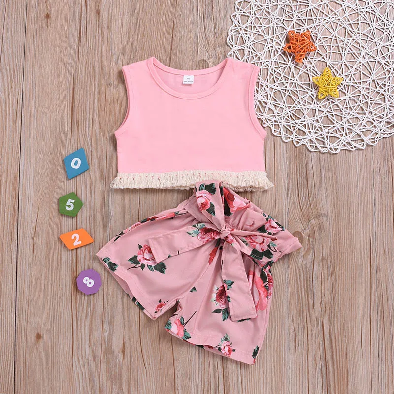 Kids Girls Clothes Set 2019 New Summer Cotton Sleeveless Fringed Vest + Flower Shorts Girls Suit Pink Children Summer Clothes
