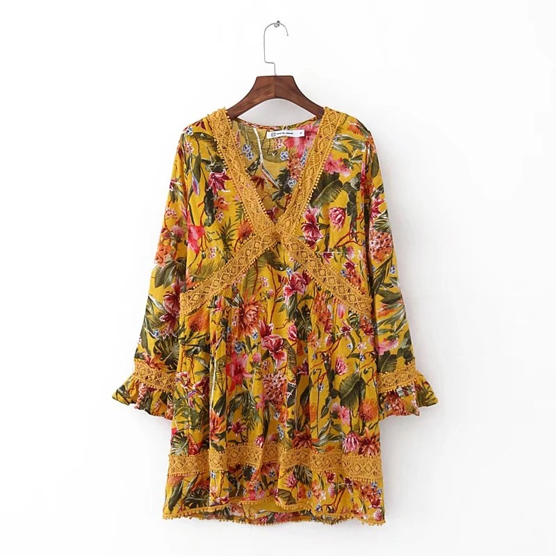 Women's 2018 V-neck Printed Trumpet Sleeve Yellow Women's Dresses
