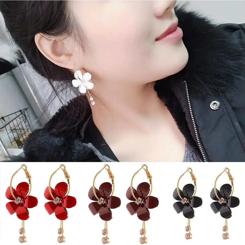 Fashion Korean Women Camellia Flower Long Tassel Rhinestone Dangle