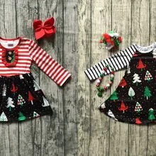 Новая осенне-зимняя одежда для маленьких девочек, Рождественская елка, красные, черные полосатые наряды, детская одежда, платье, эксклюзивные аксессуары с длинными рукавами