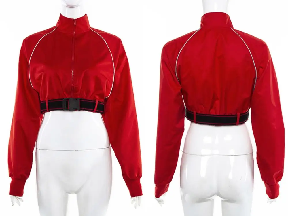 Auyiufar Reflective Long Sleeve Sweatshirt Red Zipper Fly Cropped With Belt Fashion Loose Streetwear Shinning Moletom Women Tops