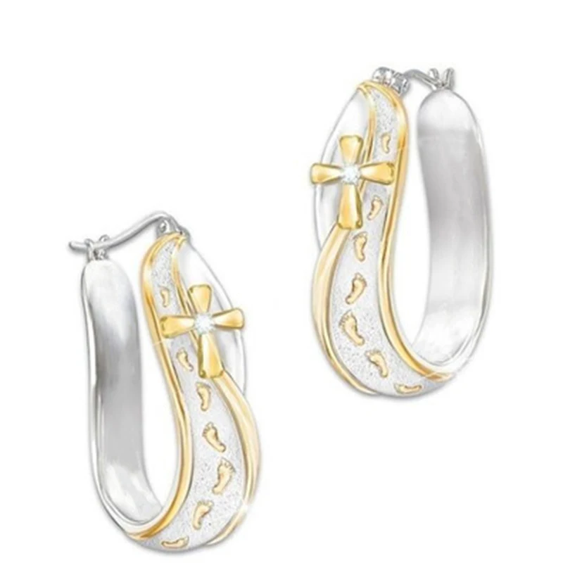 

Dual Color Footprints Cross Hoop Earrings for Women Chic Gold Color Matte Women Earrings 2019 Wedding Engagement Jewelry O5E752