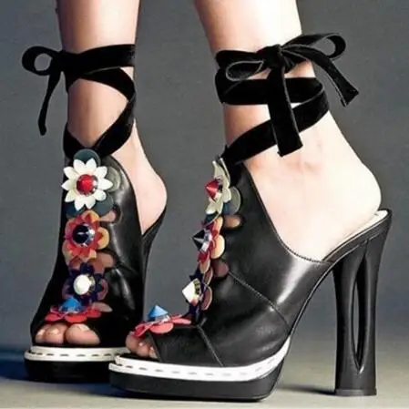

2017 Summer Women Square Heel Genuine Leather Sapato Peep Toe Sandals Flowers Decoration Ankle Strap Open Toe Platform Lace-Up