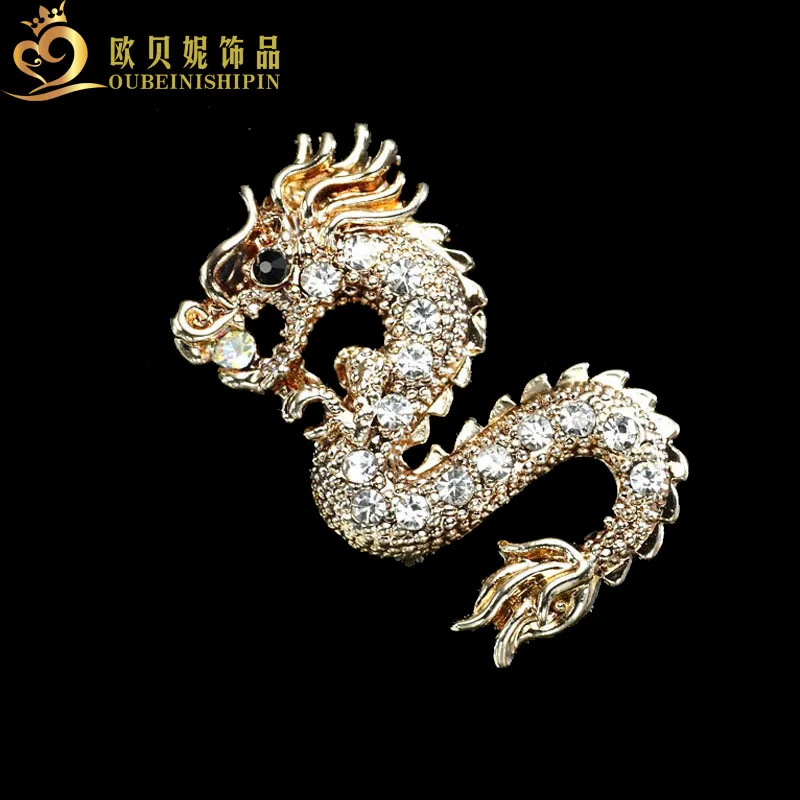 OBN Fashion Silver Gold Unique CZ Retro Dragon Brooch Pin Crystal Animal Suit Lapel Pins For Men