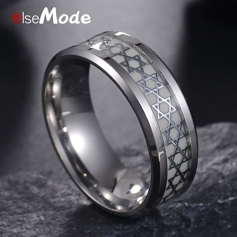 Светящееся в темноте кольцо ELSEMODE Star of David из титановой стали 316 л для мужчин и
