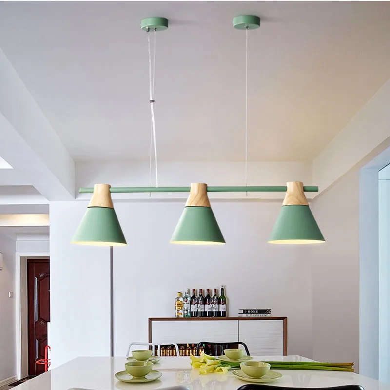 

Nordic 3 Lamps E27 Wood Pendant Light Kitchen Island Dining Room Modern Wooden LED Pendant Lamp Iron Lampshade Suspended Lamp