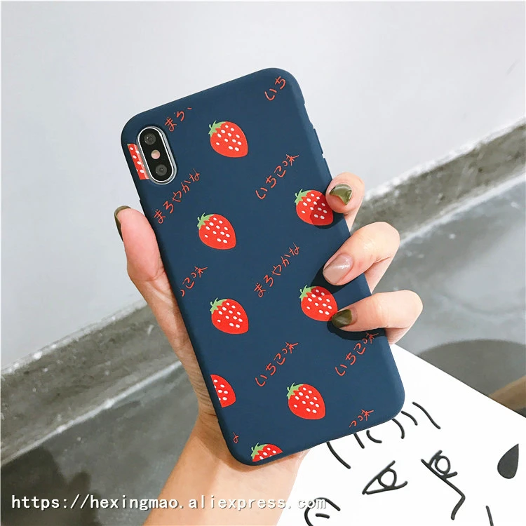 Задняя крышка для телефона с рисунком японской клубники для iPhone XS XR XS Max X 8 7 6 6 S Plus, мягкие чехлы и чехлы из ТПУ с фруктами - Цвет: Черный