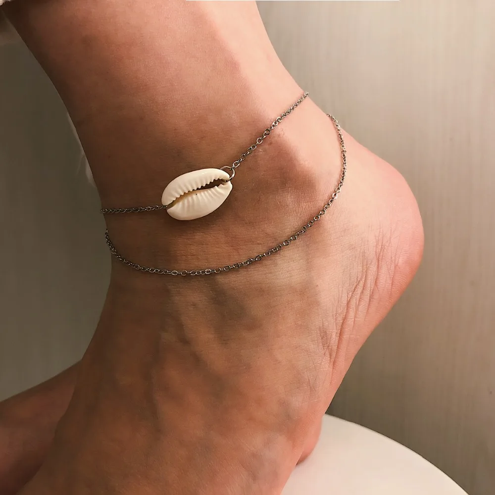 

OLOEY Simple Women Anklets Summer Beach Female Foot Ornaments Fashion Bohemian Shell Alloy Multi-Layered Anklet Jewelry Ornament