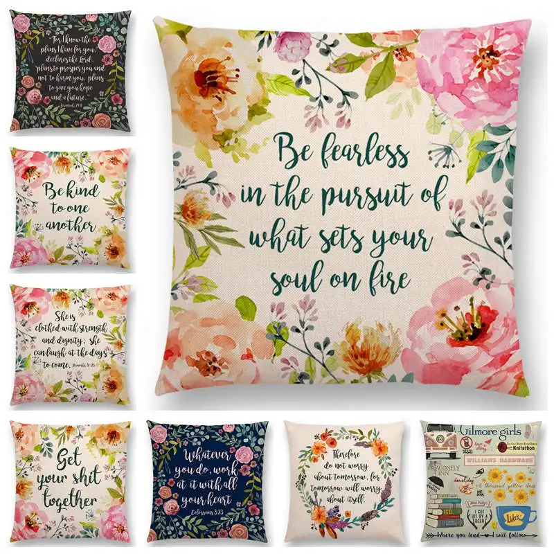 

Hot Sale Flowers Leaf Decorative Letters Warm Words Floral Pattern Be Kind Fearless Love Cushion Cover Sofa Throw Pillow Case