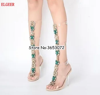 

Handmade Factory Price Lady Thin High Heels Buckle Strap Rhinestone Sandals Boots Knee High Cyrstal PVC Transparent Long Boots